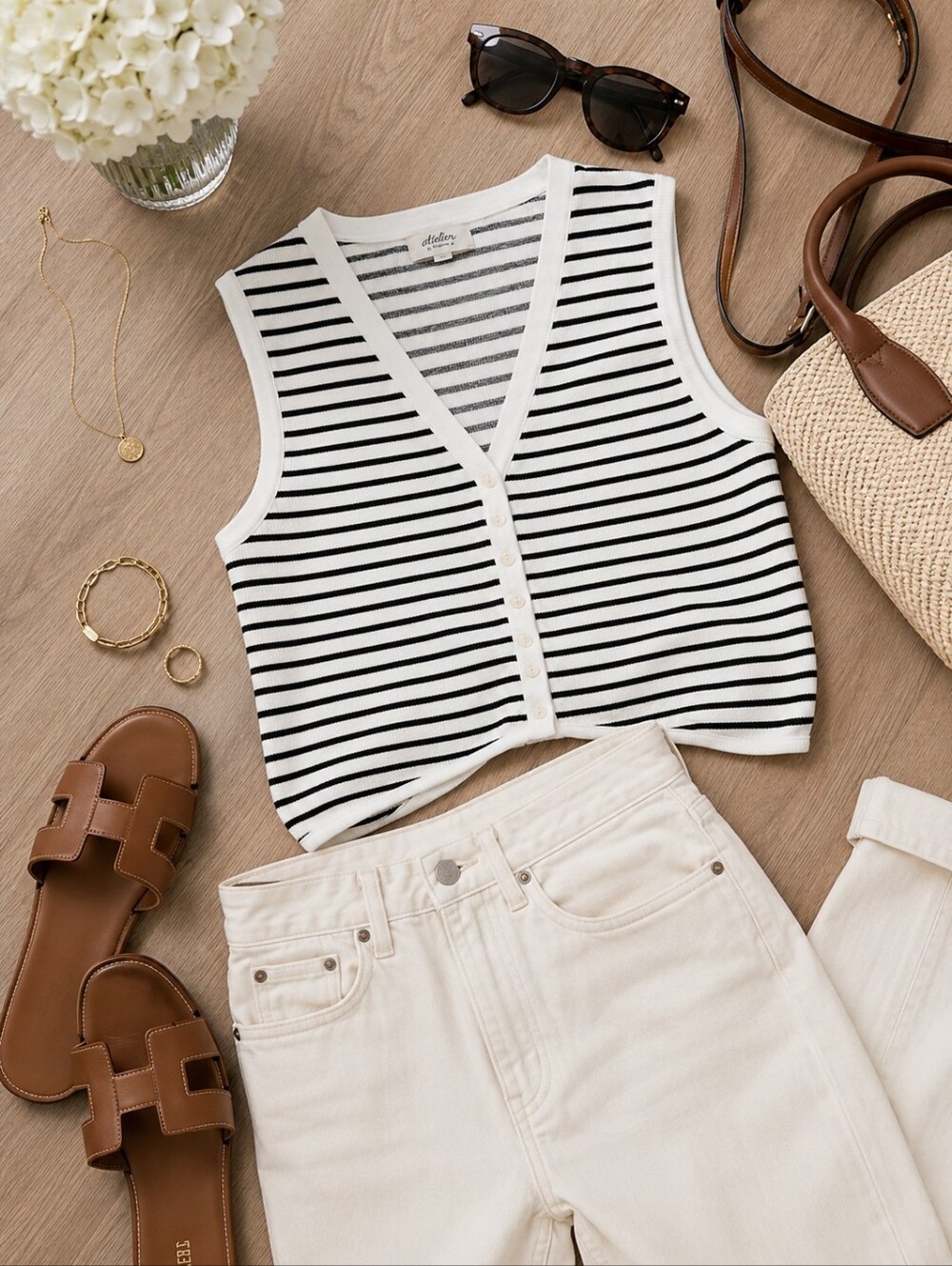 Striped Sweater Vest Cropped Button Front Black White Preppy Knit